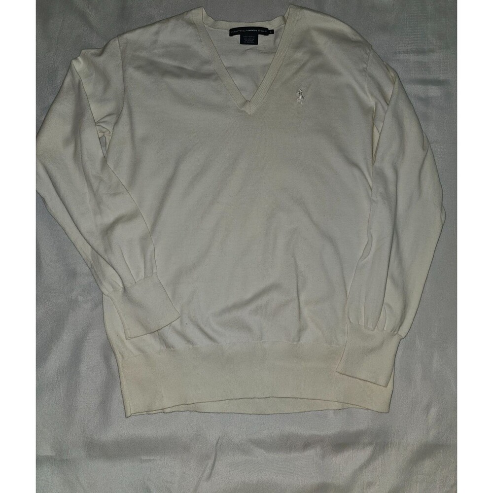 Polo Ralph Lauren Men’s Ivory Off White 100% Cotton Sweater Pony V Neck Size L